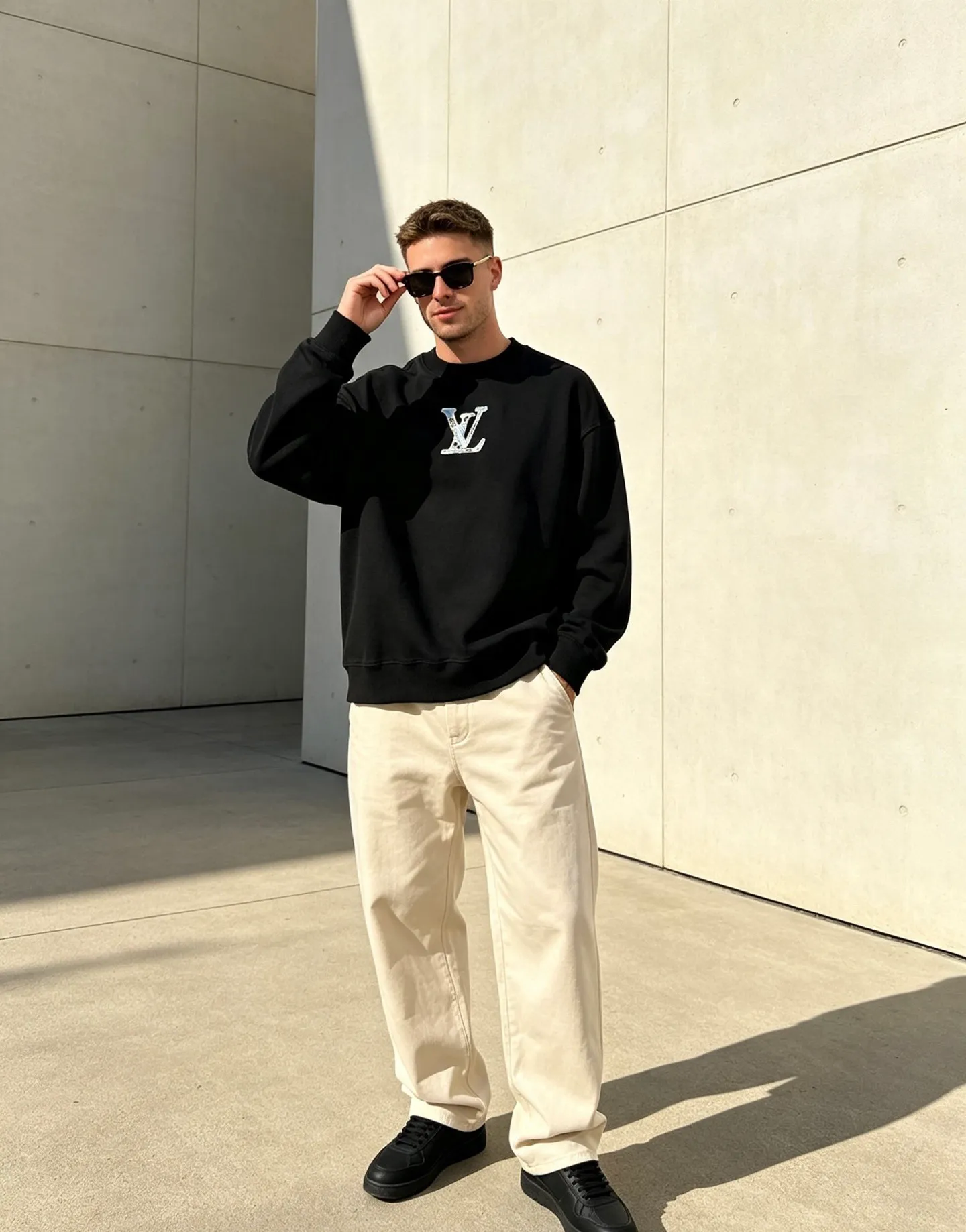 Louis Vuitton/Louis Vuitton denim patch letter embroidered crew neck sweatshirt